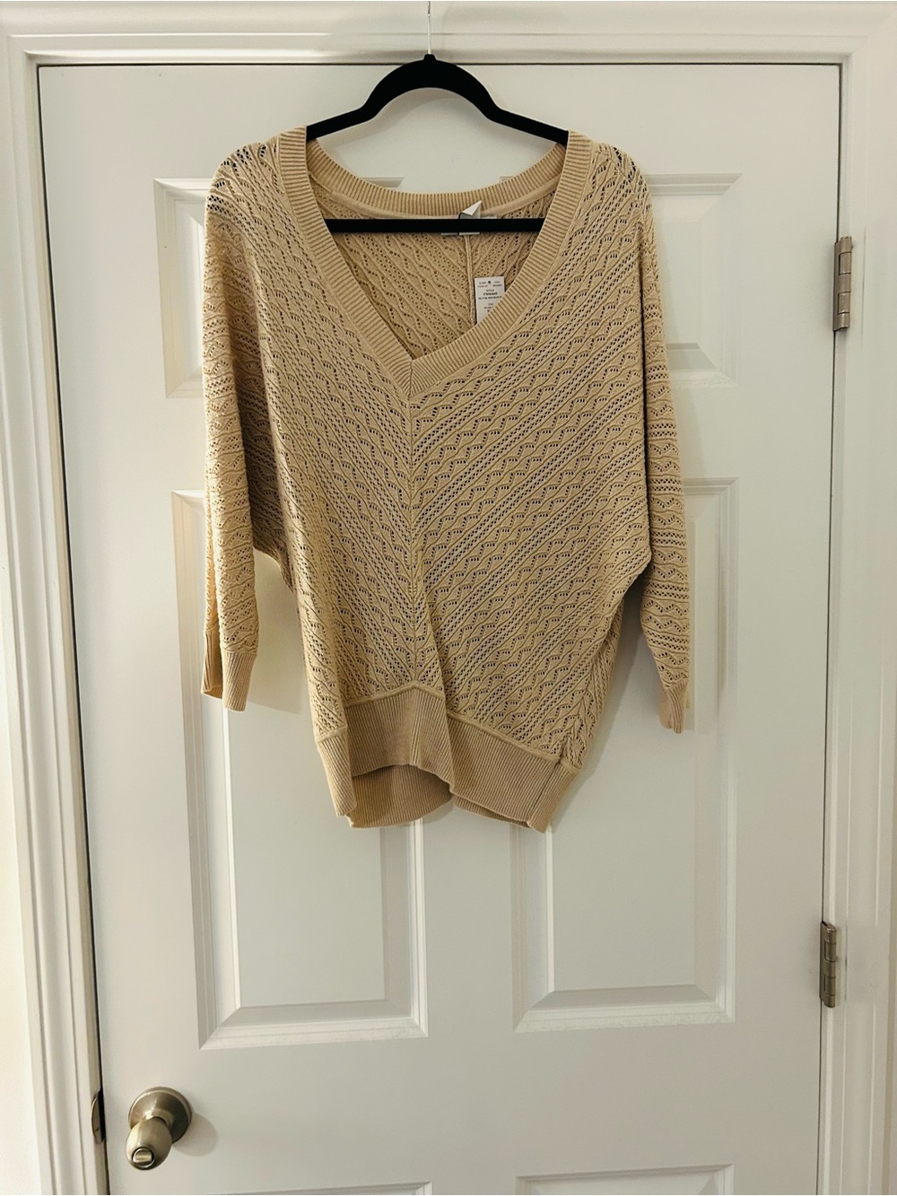 V-Neck Open Knit Sweater Tunic - Beige White House Black Market NWT